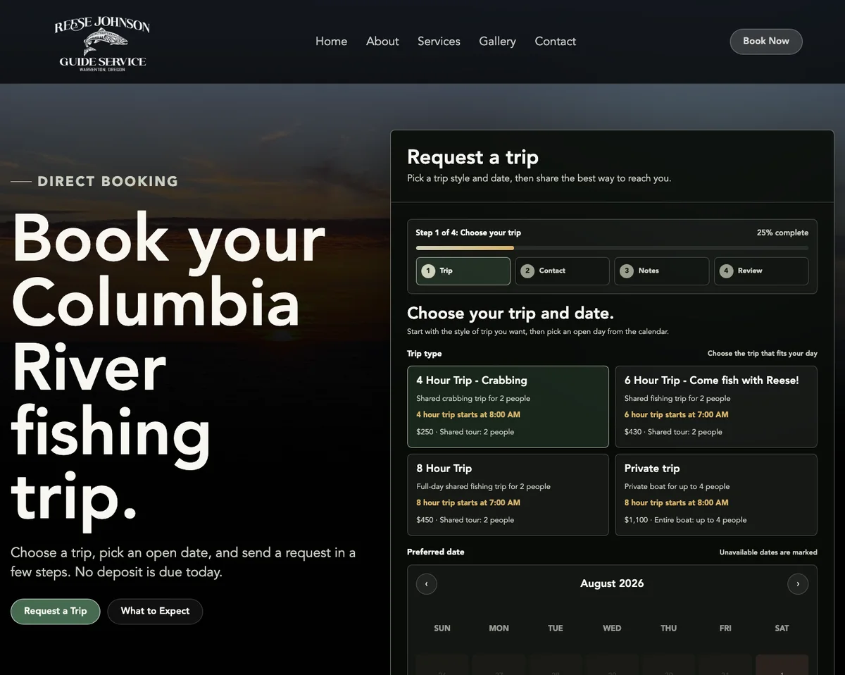 Preview of the Reese Johnson Guide Service direct booking page, with trip choices and an availability calendar